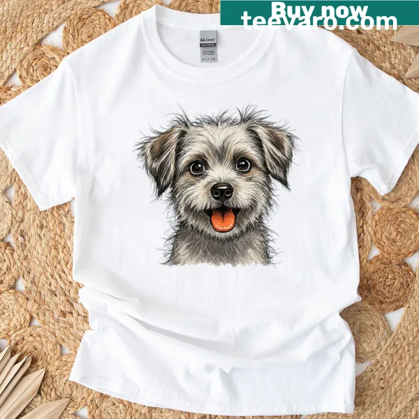 Illustration of a fluffy terrier puppy on a t-shirt.