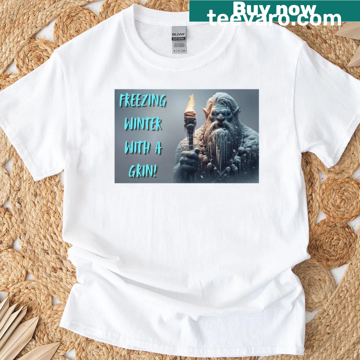 Whimsical T-shirt depicting a cheerful grin for winter — on a men's t-shirt