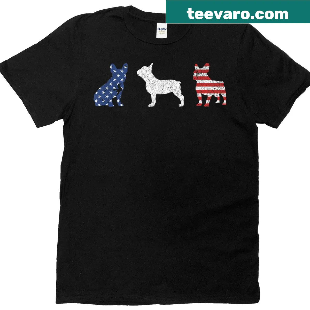 Patriotic T-shirt with a French Bulldog and USA flag design — on a men's t-shirt
