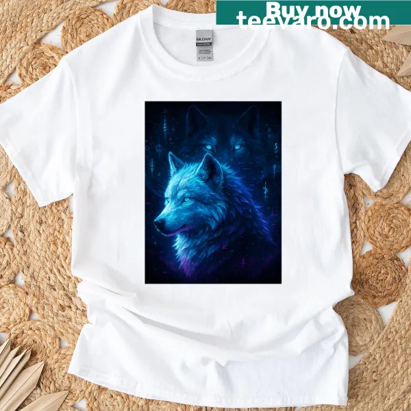 Neon wolf graphic T-shirt featuring a guardian motif.