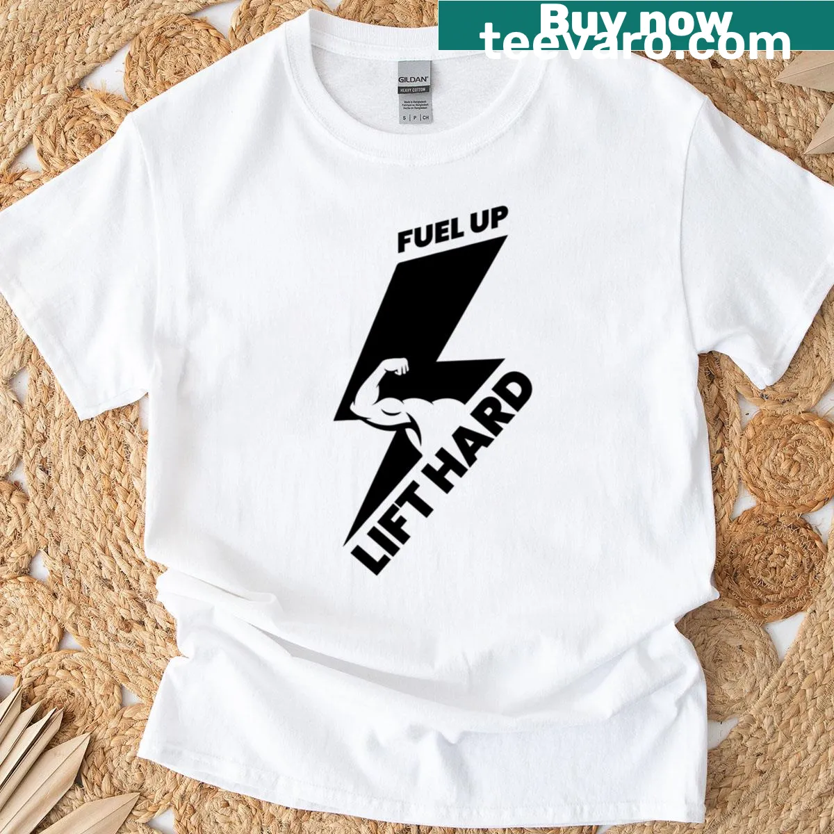 Text design T-shirt with 'Fueled Focused' for gym enthusiasts — on a men's t-shirt