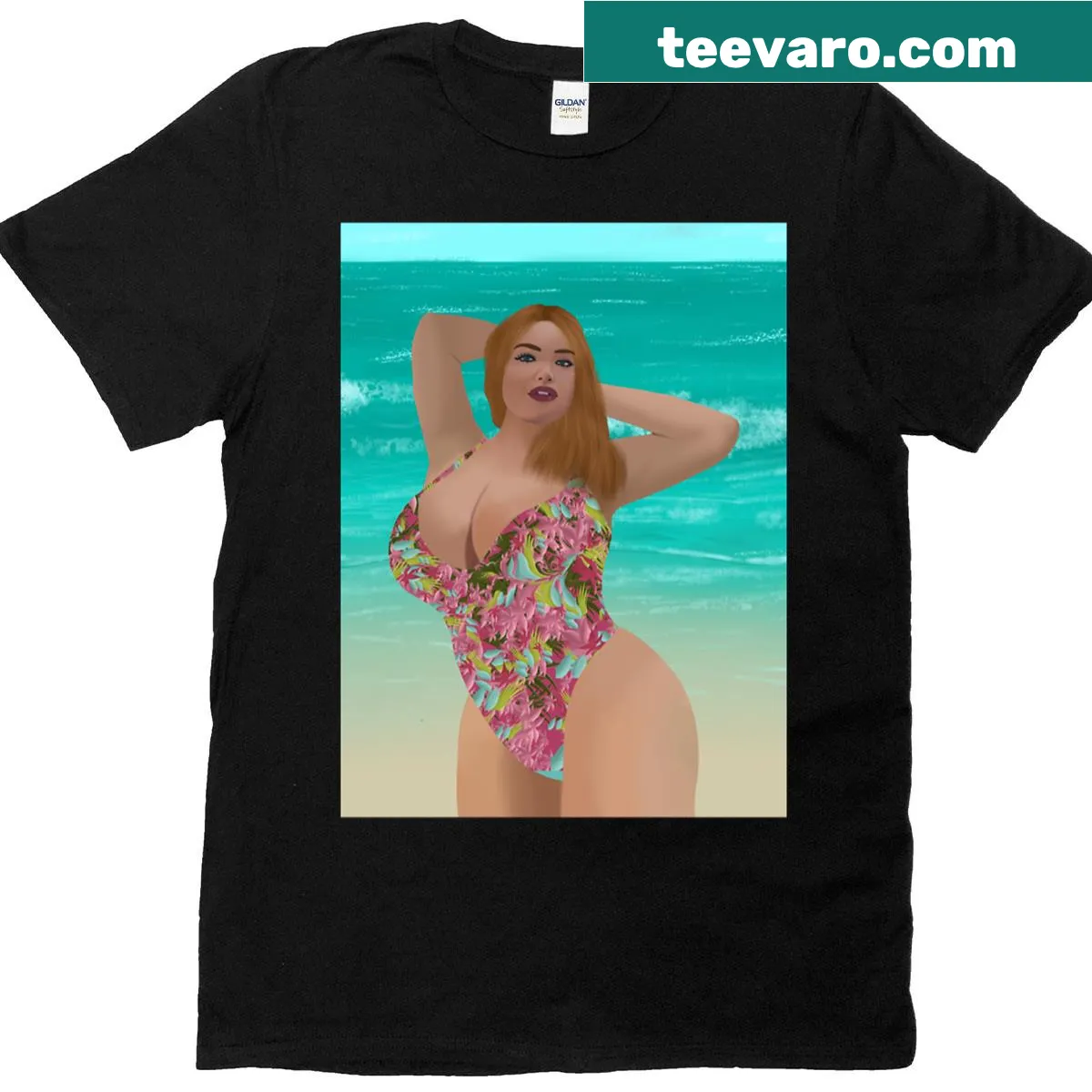Hand-drawn illustration of a redhead in a swimsuit — on a men's t-shirt