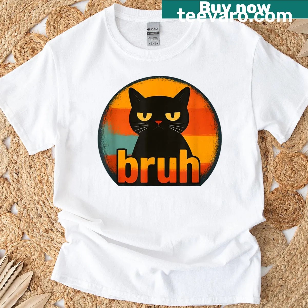 Humorous meme graphic T-shirt featuring a cat and 'Bruh' text. — on a men's t-shirt