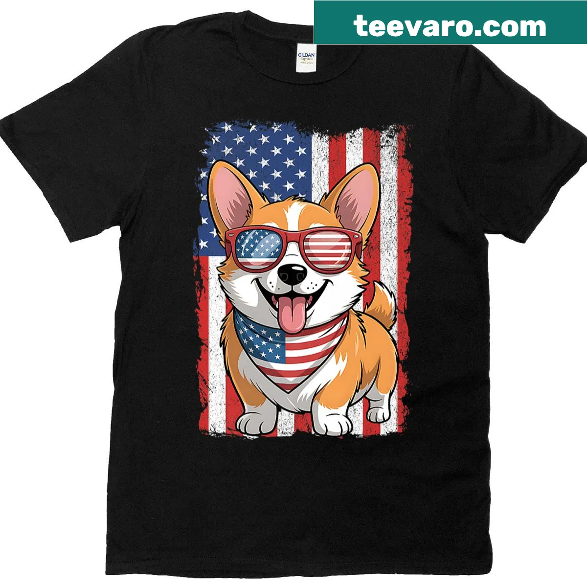 Cartoon corgi with patriotic elements for Fourth of July — on a men's t-shirt