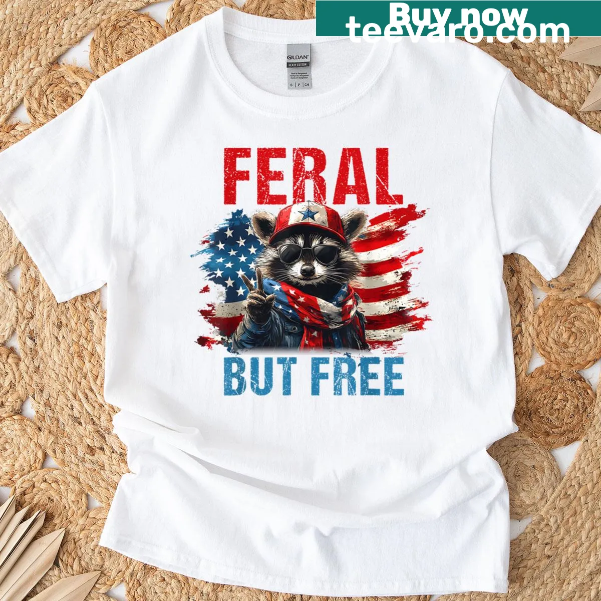 Funny raccoon graphic T-shirt with a Fourth of July theme. — on a men's t-shirt