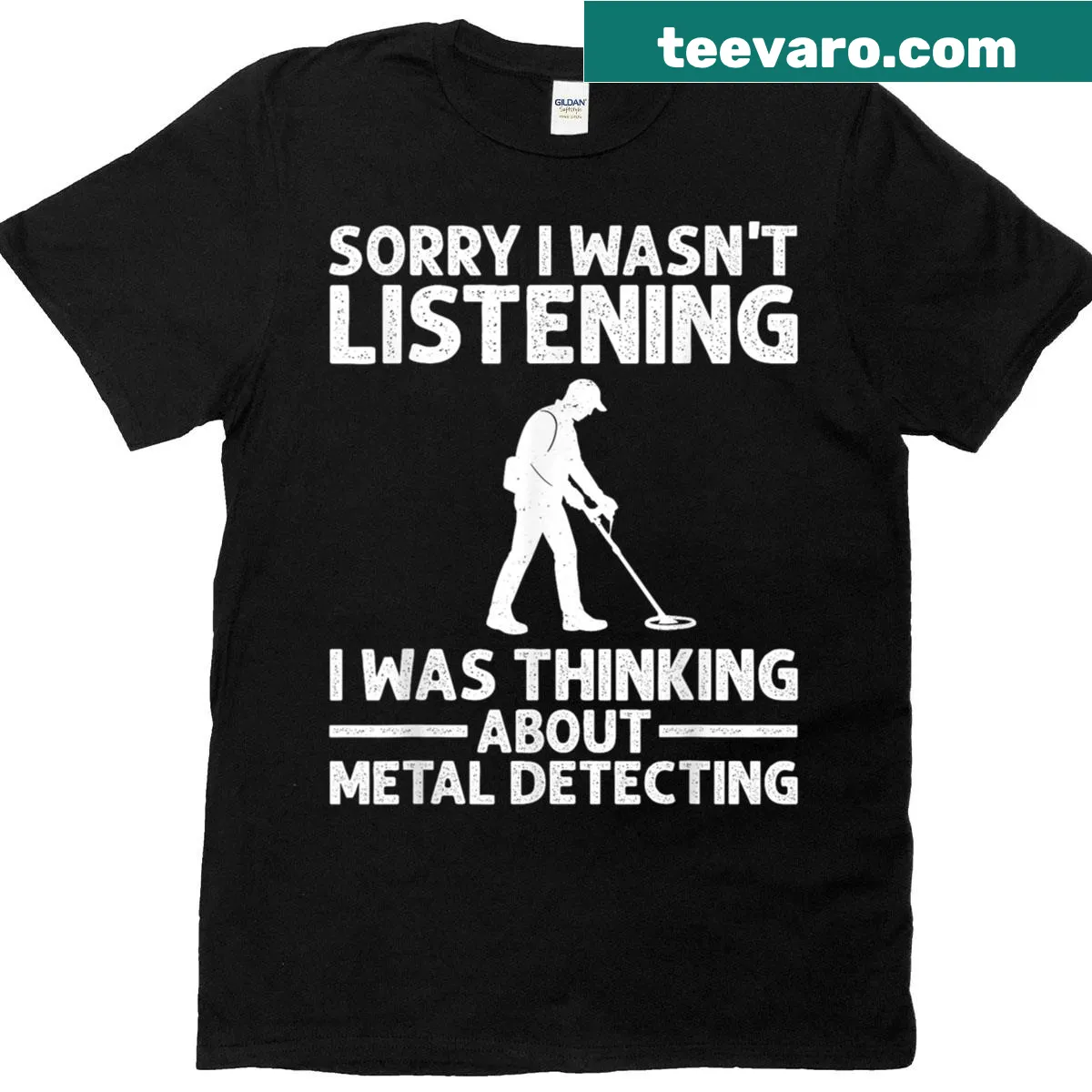 Humorous T-shirt with a graphic related to metal detecting — on a men's t-shirt