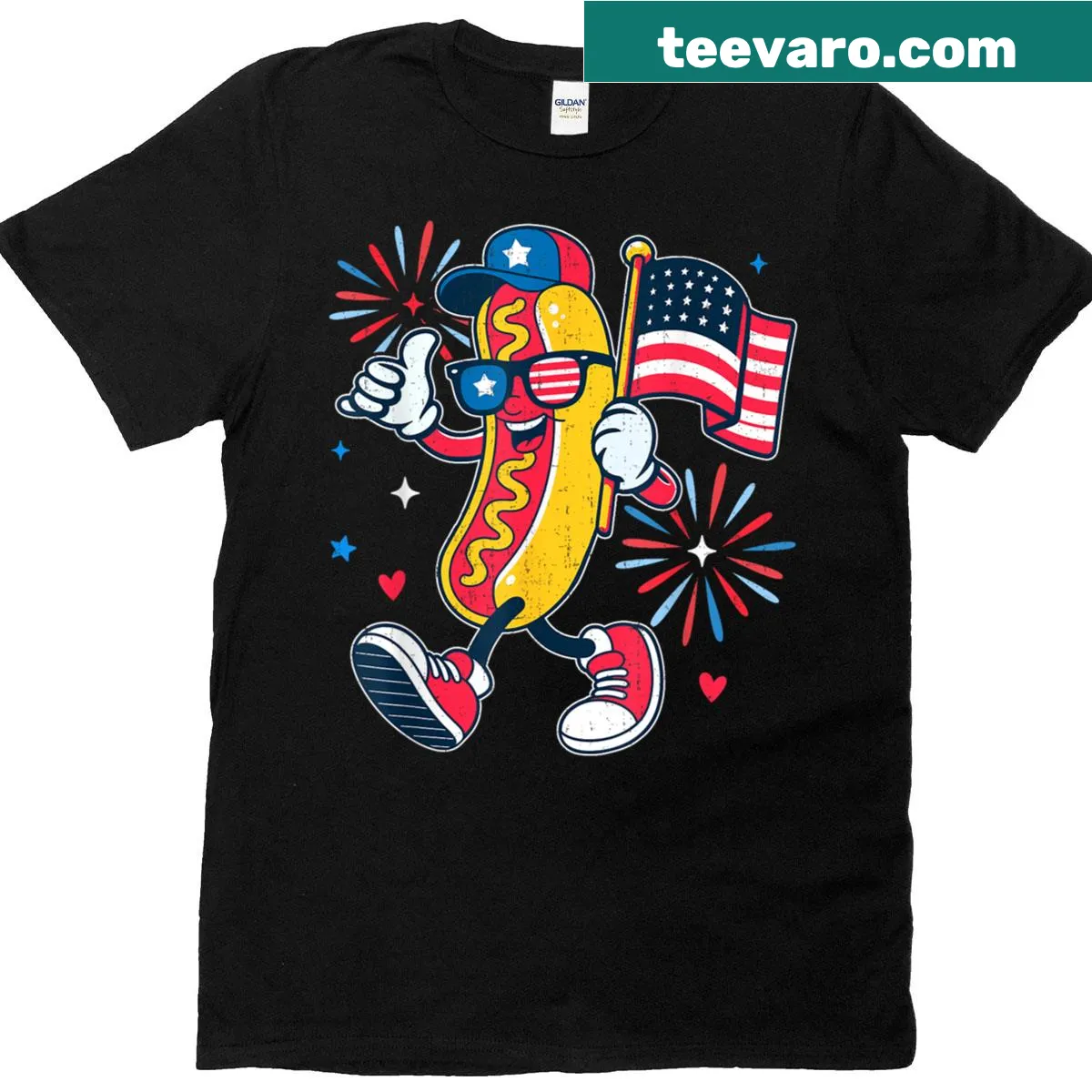 Illustration of a hotdog with USA flag and fireworks for July 4th — on a men's t-shirt