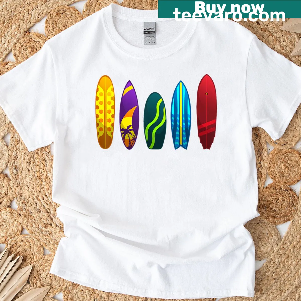 Surfing-themed t-shirt with fun illustration of surfboards and waves — on a men's t-shirt