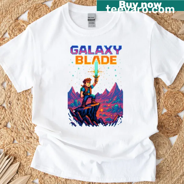 Pixelated hero with galaxy blade graphic T-shirt