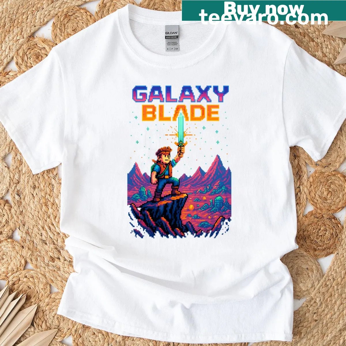 Pixelated hero with galaxy blade graphic T-shirt — on a men's t-shirt