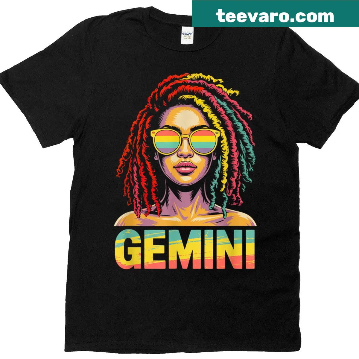 Gemini Zodiac T-shirt depicting African American woman with locs — on a men's t-shirt
