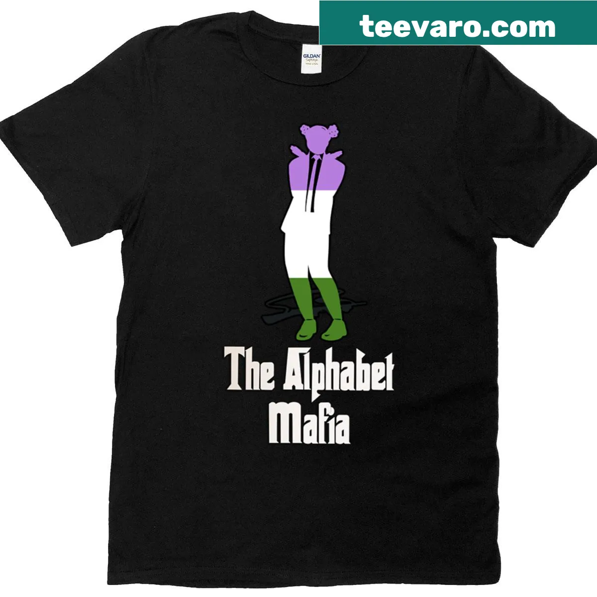 Genderqueer pride flag t-shirt with a character design — on a men's t-shirt
