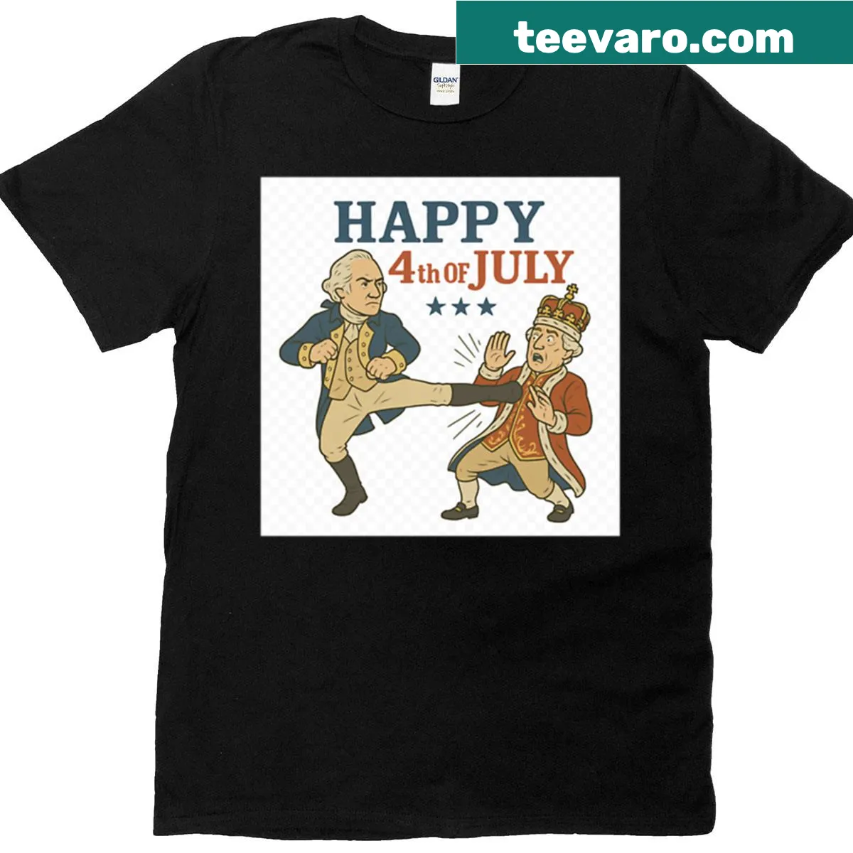 Humorous 4th of July T-shirt with George Washington and King George — on a men's t-shirt
