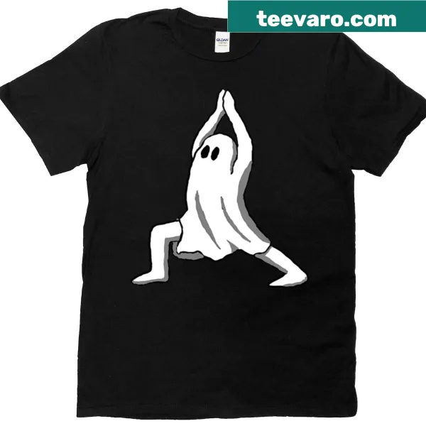 Ghost in warrior I pose graphic celebrating yoga and humor