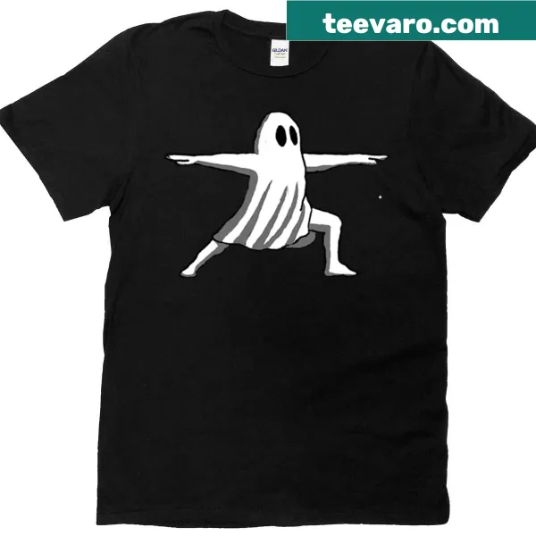 Ghost in Warrior II pose illustrated on a yoga-themed t-shirt