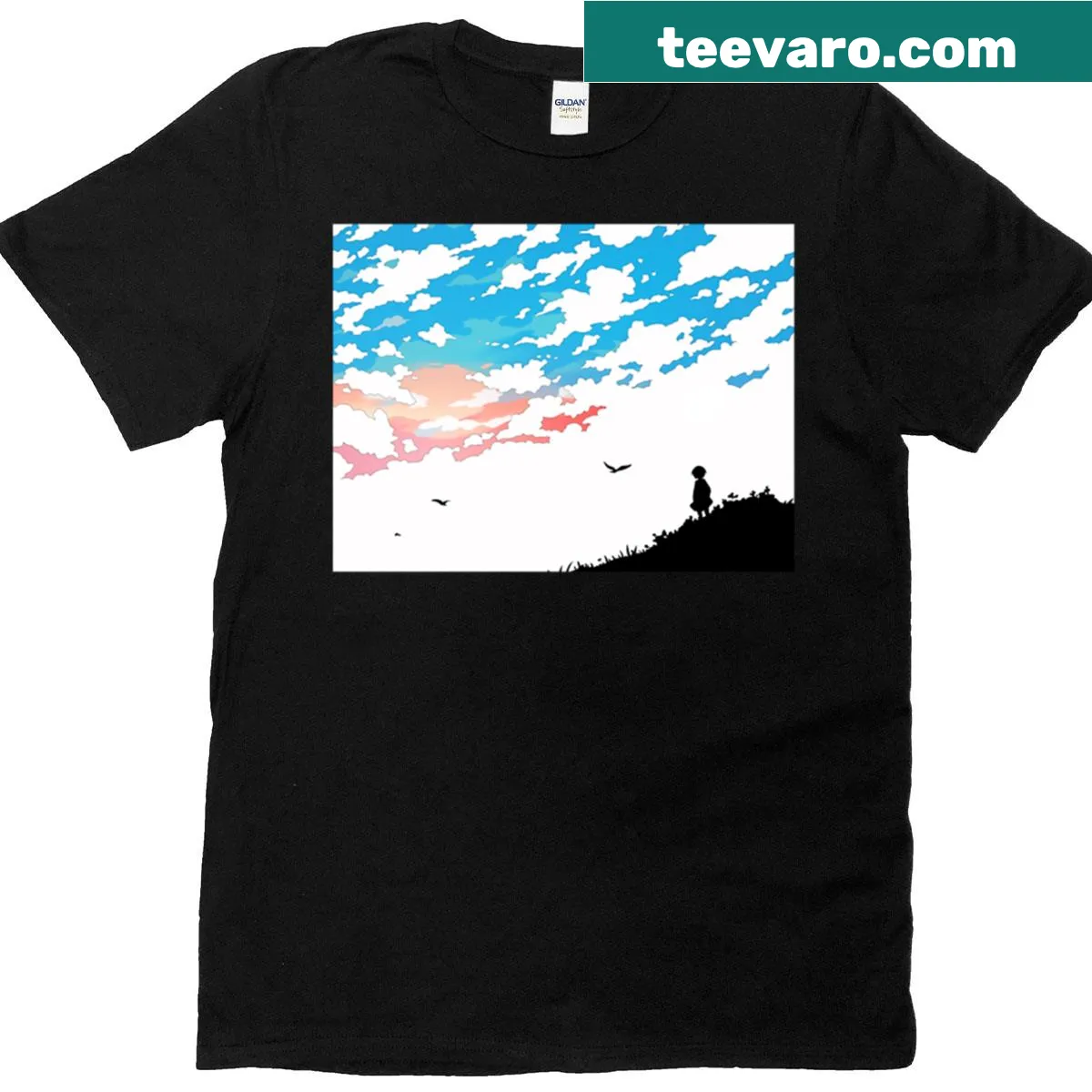 Silhouette of a girl against a Japanese sunset on a T-shirt — on a men's t-shirt