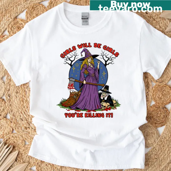 Whimsical witchy graphic T-shirt celebrating femininity.