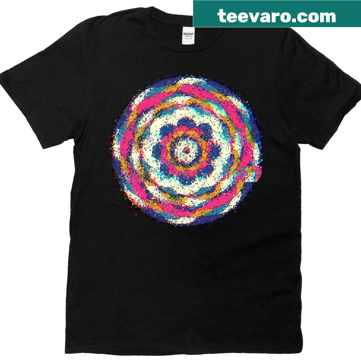 Abstract mandala flower design with glitch effects on a t-shirt — on a men's t-shirt