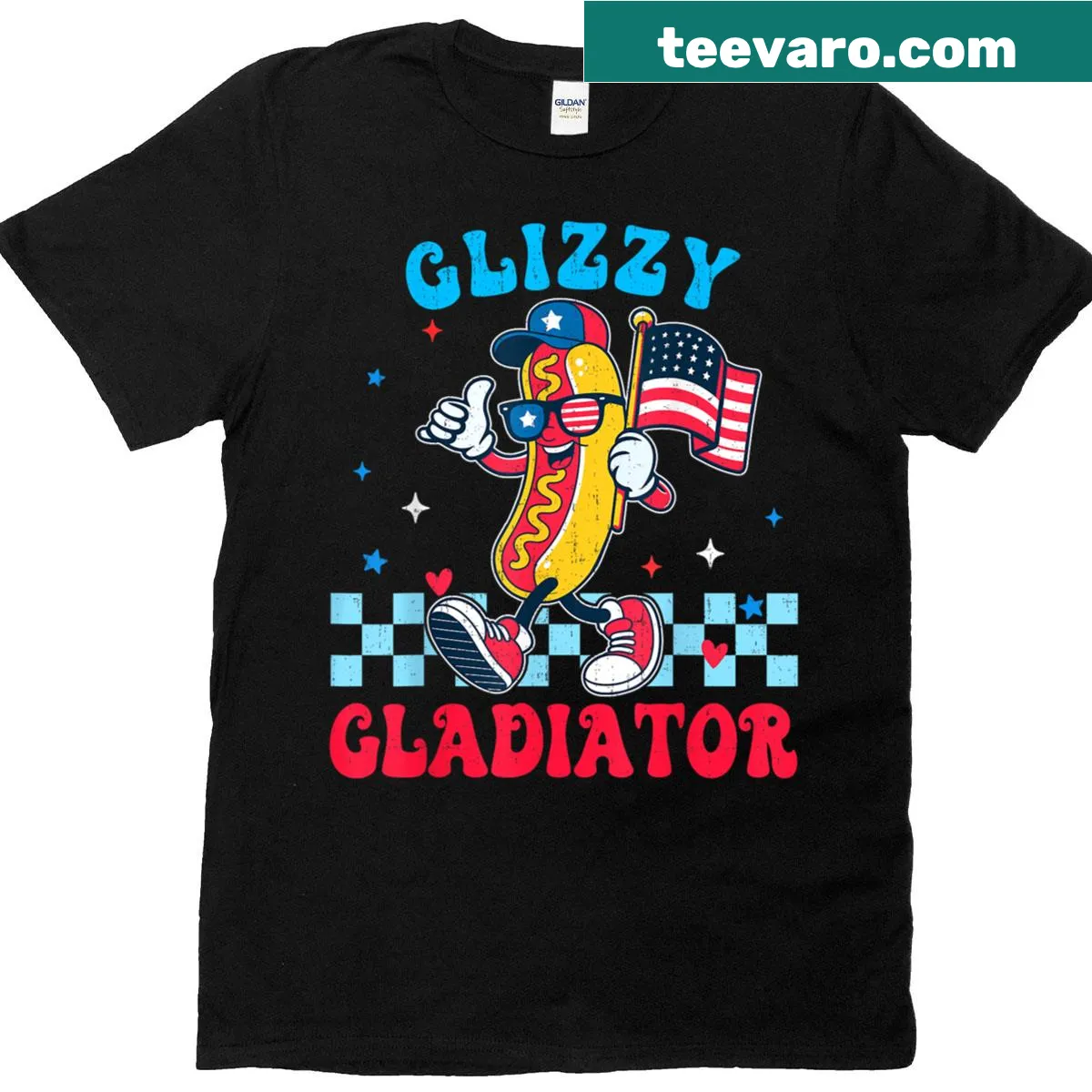 Illustrated hot dog gladiator on July 4th T-shirt — on a men's t-shirt
