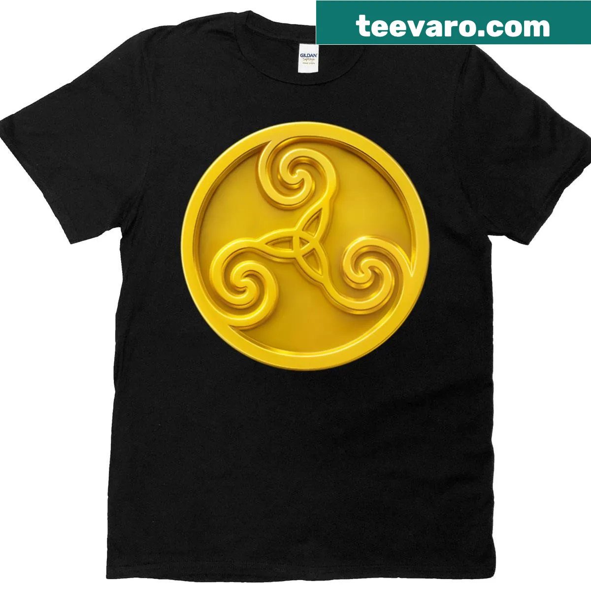 Golden Celtic triskele design with glowing spirals on black T-shirt — on a men's t-shirt