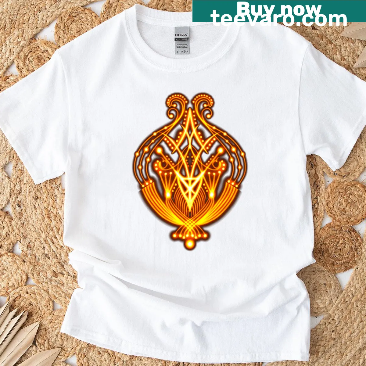 Abstract golden fractal flower illustration on a t-shirt — on a men's t-shirt