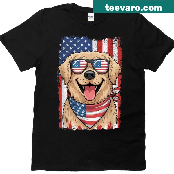 Golden Retriever with USA flag design on a Fourth of July t-shirt