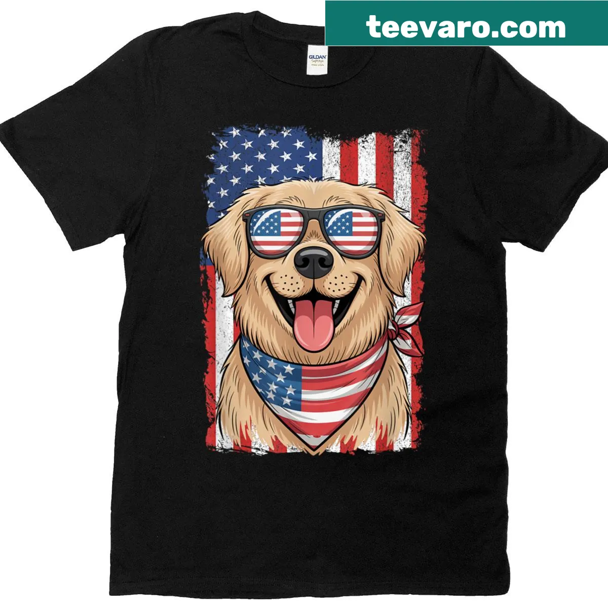 Golden Retriever with USA flag design on a Fourth of July t-shirt — on a men's t-shirt