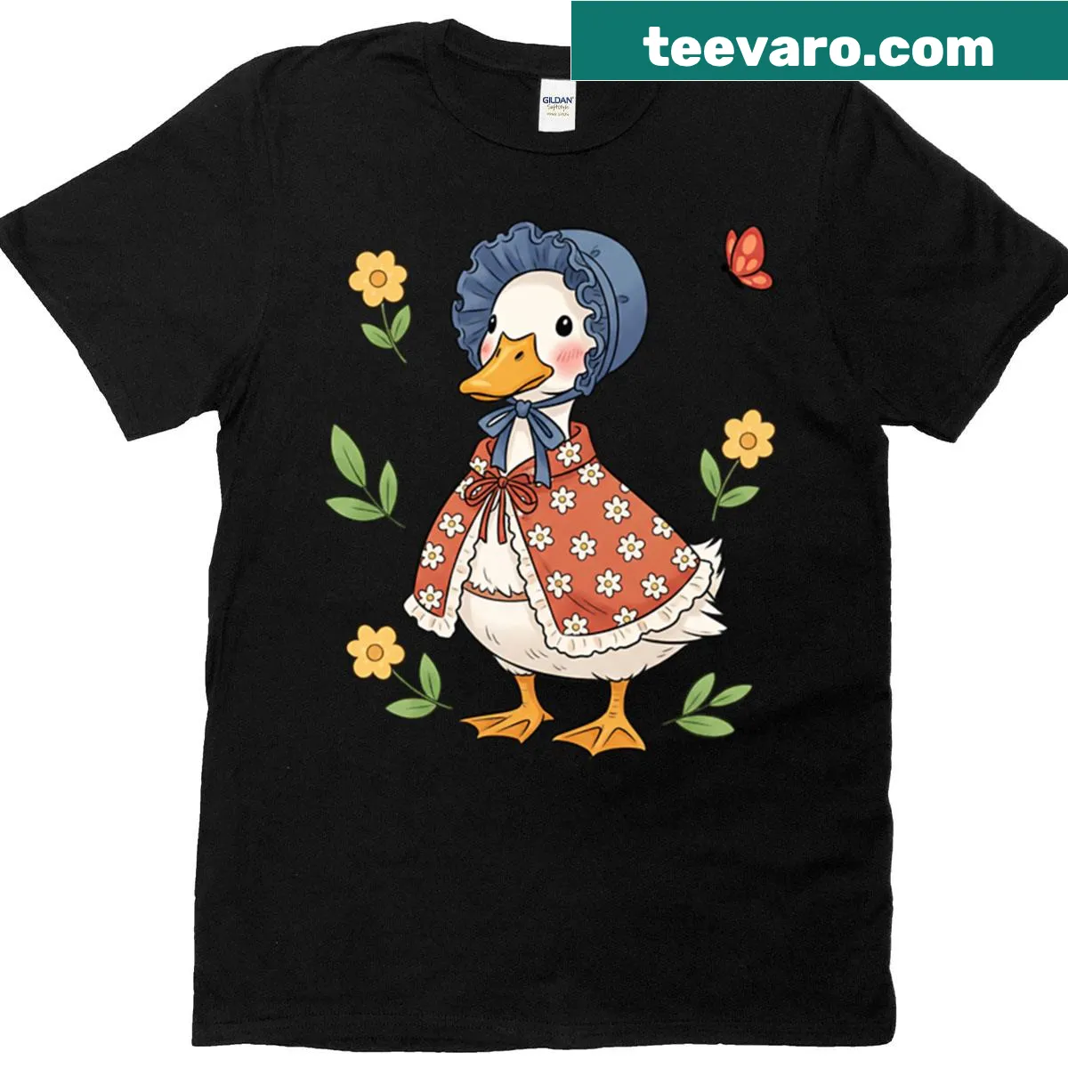Illustration of a goose wearing a retro dress on a T-shirt — on a men's t-shirt