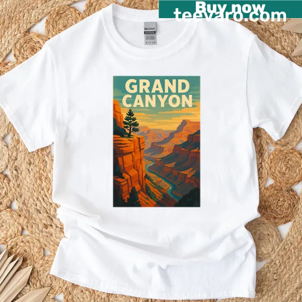 Retro poster graphic of Grand Canyon on t-shirt