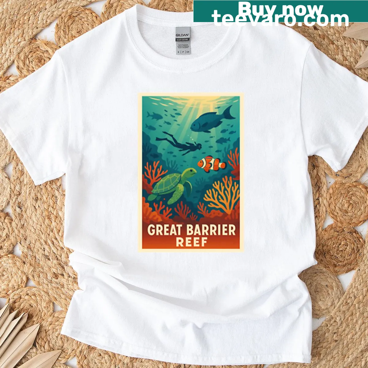 Vintage poster T-shirt featuring the Great Barrier Reef — on a men's t-shirt