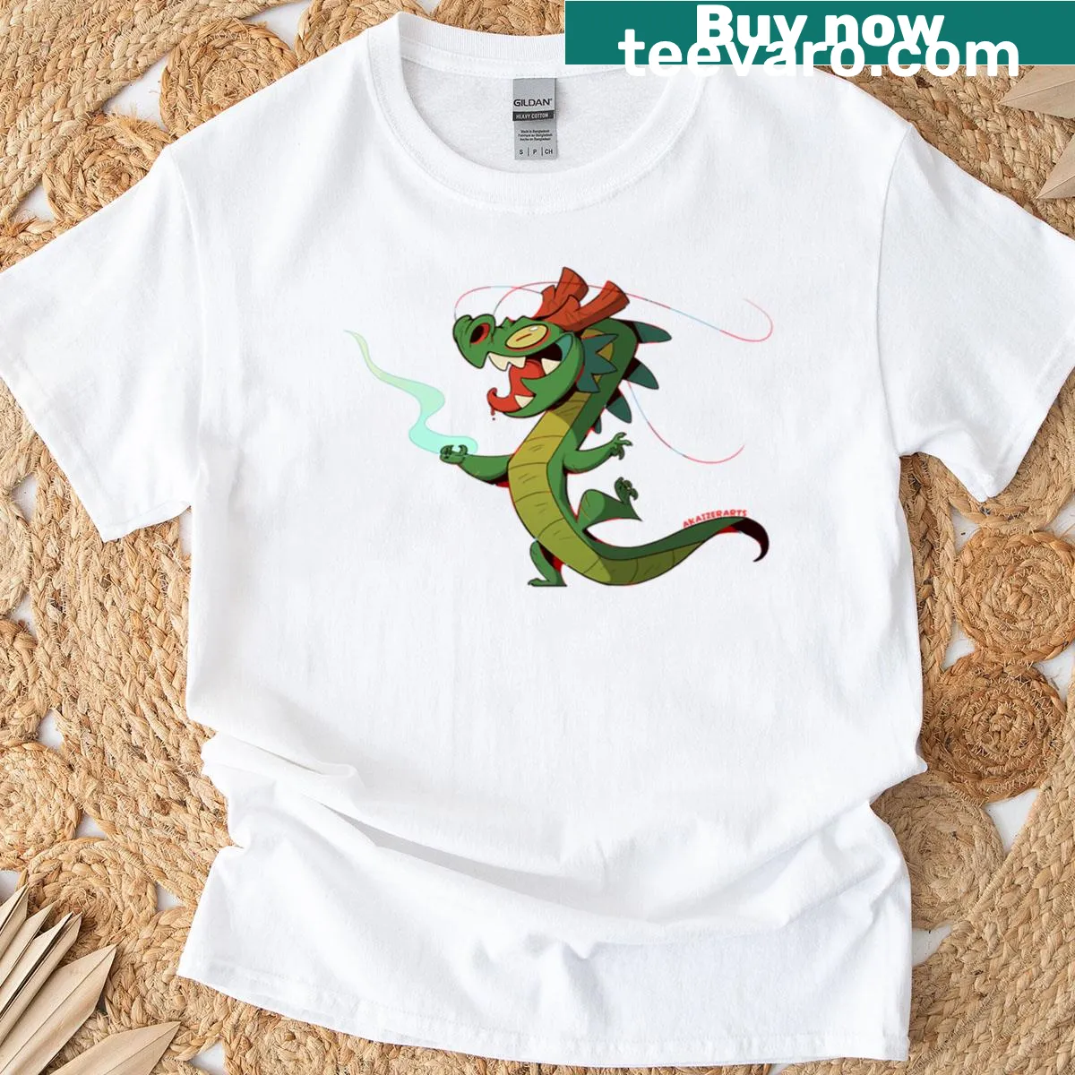 Fantasy T-shirt featuring a dynamic green dragon illustration — on a men's t-shirt