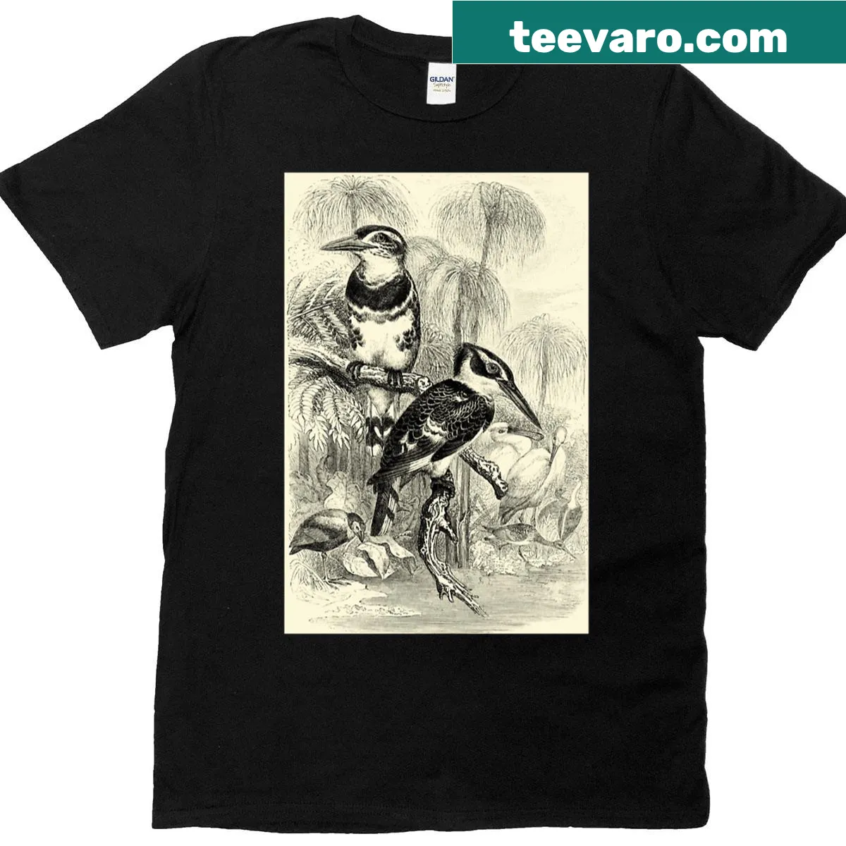 Vintage illustration T-shirt featuring a grey kingfisher bird — on a men's t-shirt