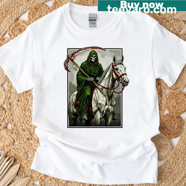 Graphic of the Grim Reaper on a horse on T-shirt