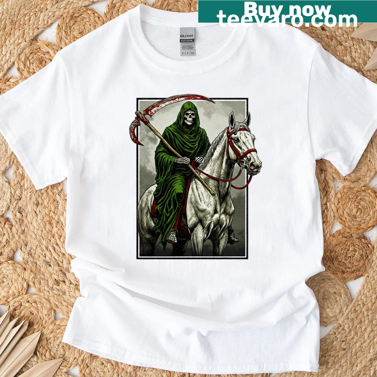 Graphic of the Grim Reaper on a horse on T-shirt — on a men's t-shirt
