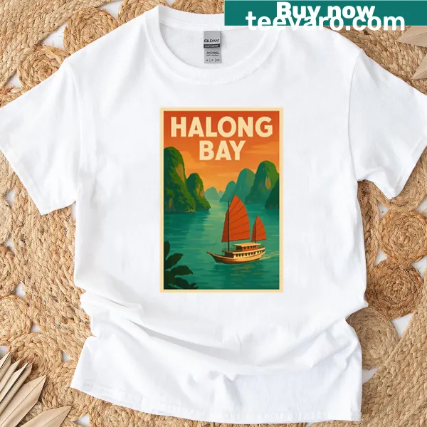 Retro poster of Halong Bay on a T-shirt