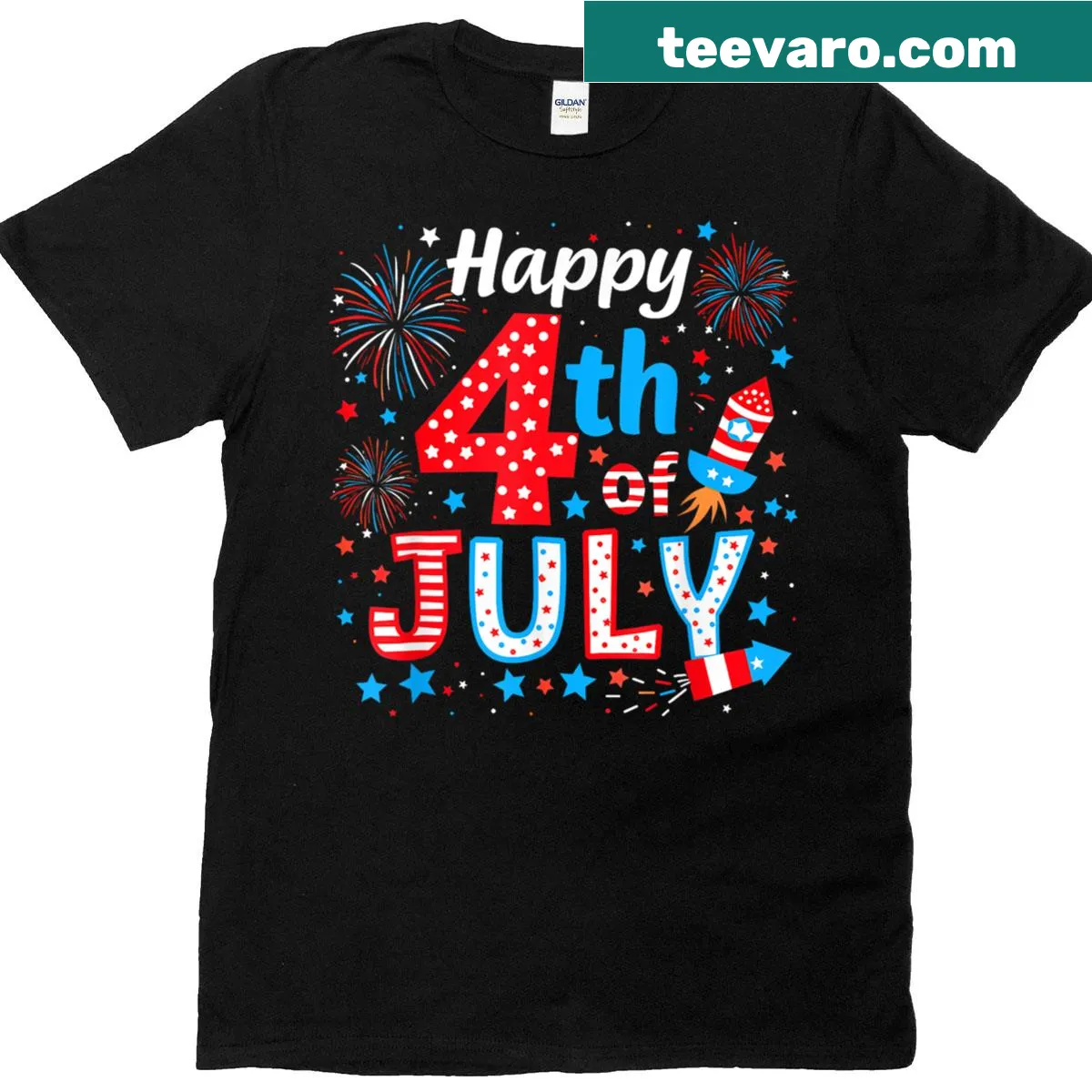 American flag T-shirt with 'Happy 4th Of July' for all ages — on a men's t-shirt