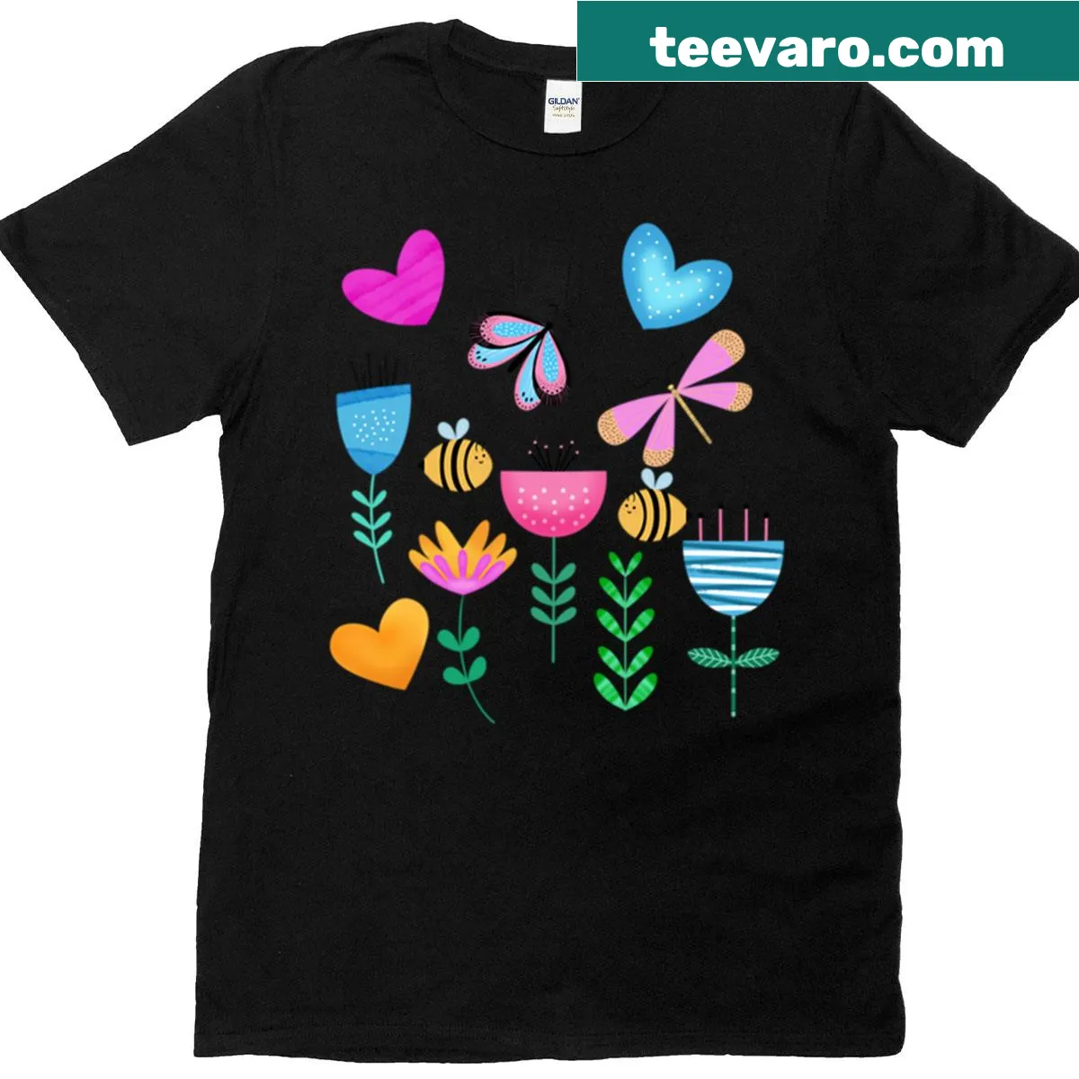 Illustrated T-shirt featuring a happy bee in a garden setting — on a men's t-shirt