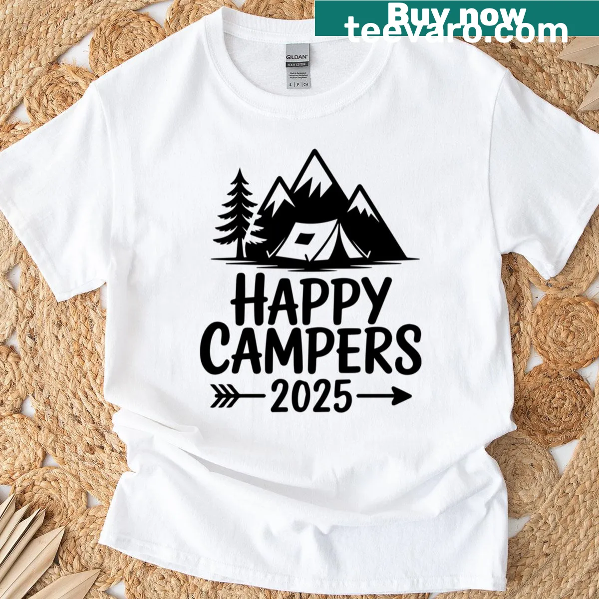 T-shirt with 'Happy Campers 2025' graphic celebrating outdoor adventures — on a men's t-shirt