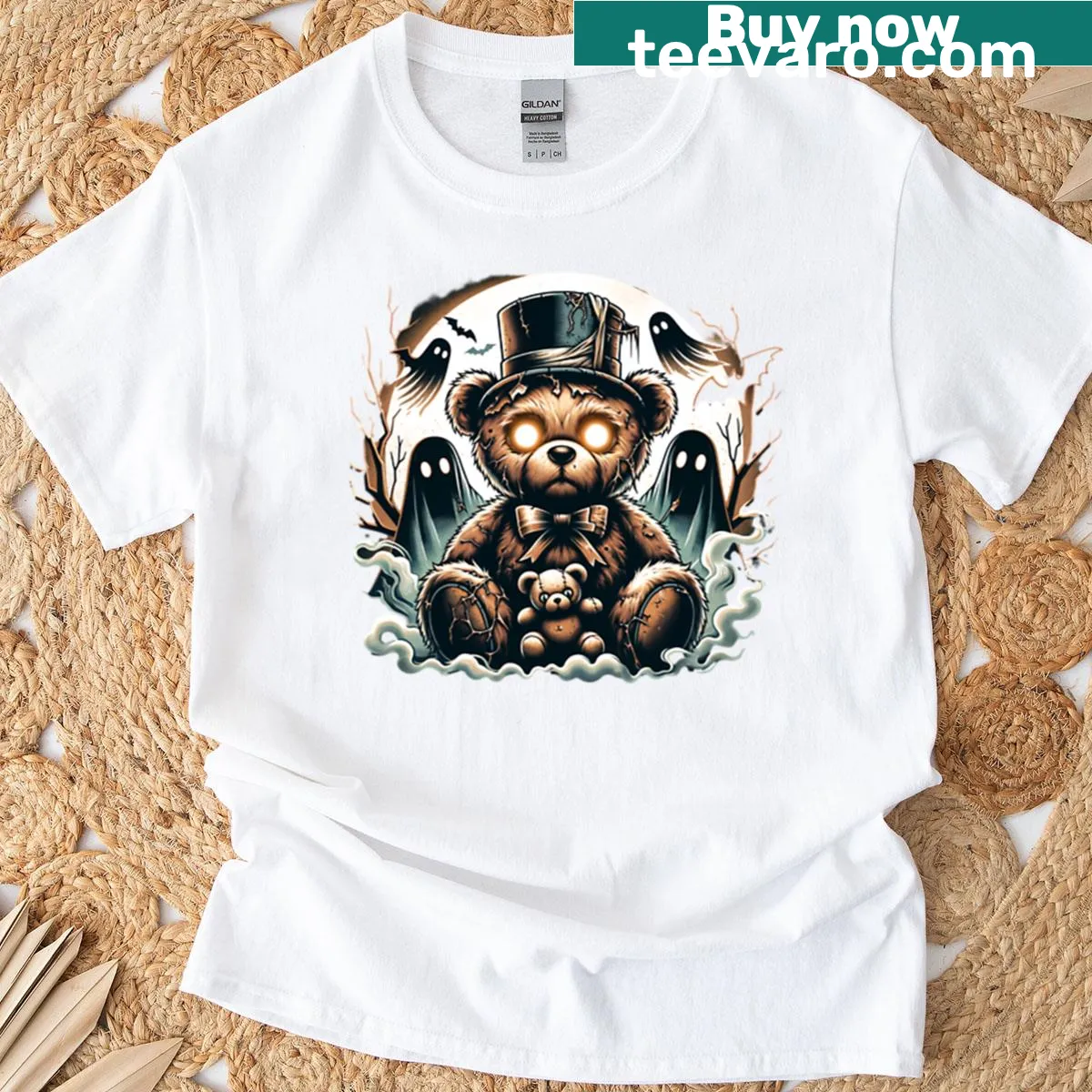 Haunted teddy bear graphic on a T-shirt — on a men's t-shirt