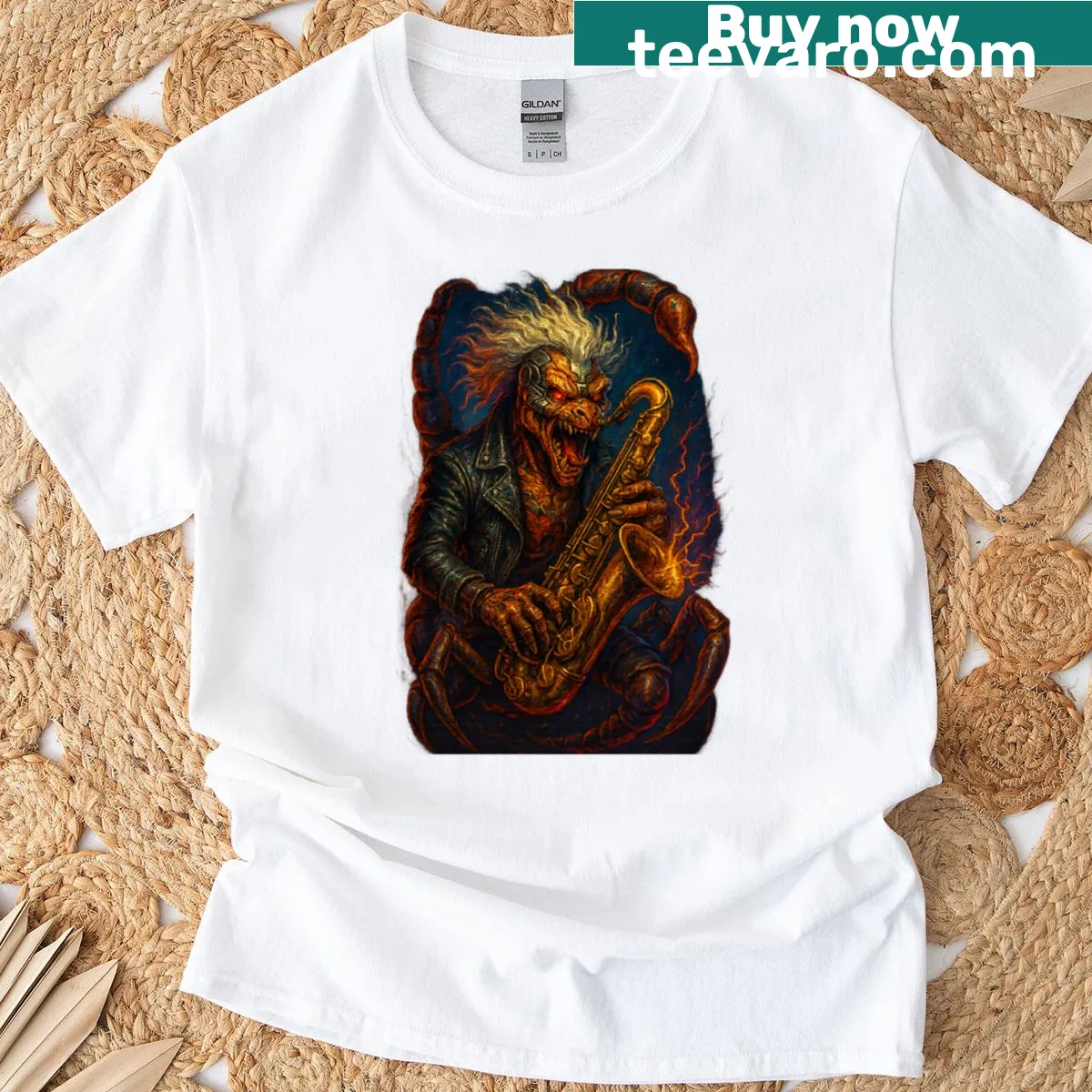 Heavy-metal scorpion playing saxophone on a T-shirt — on a men's t-shirt