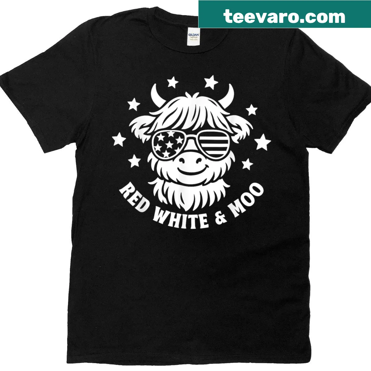 Patriotic Highland Cow design on 4th of July T-shirt — on a men's t-shirt
