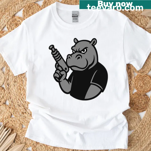 Whimsical hippo shooting lasers on a T-shirt