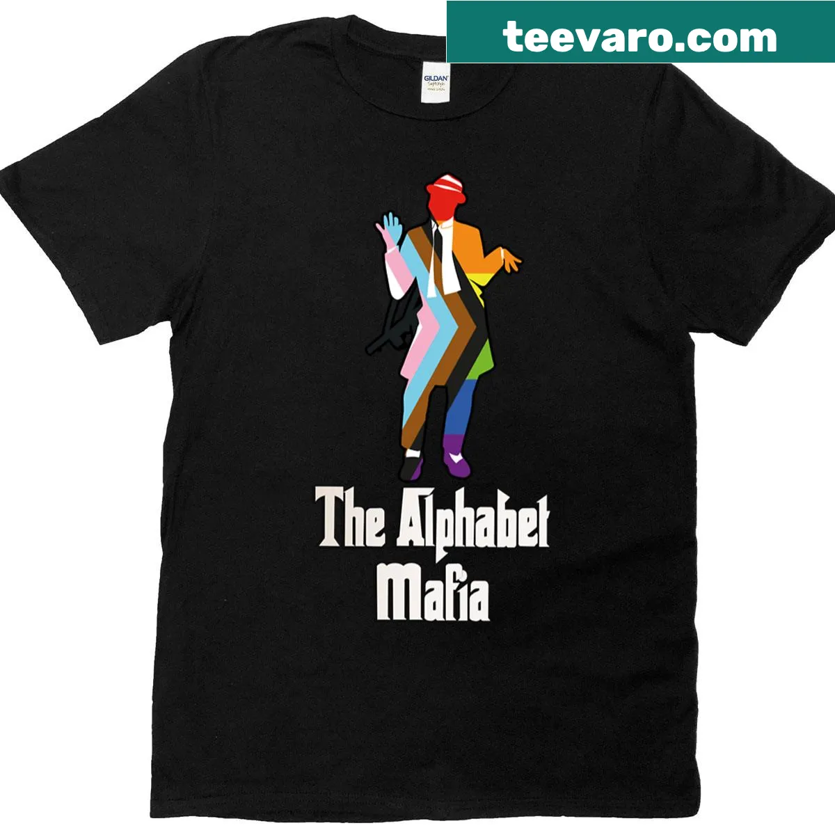 Mafia character illustration with Gay Pride Flag alphabet design — on a men's t-shirt