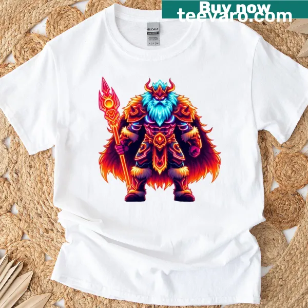 Fantasy art T-shirt featuring an 'Inferno Shaman' character with elemental powers