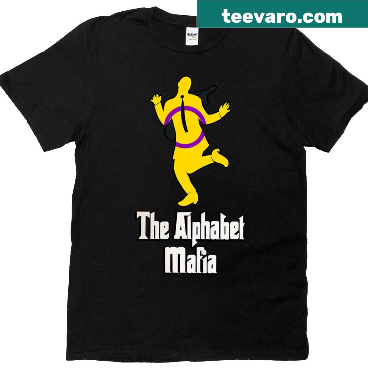 Mafia character illustration with Intersex Pride Flag alphabet design — on a men's t-shirt