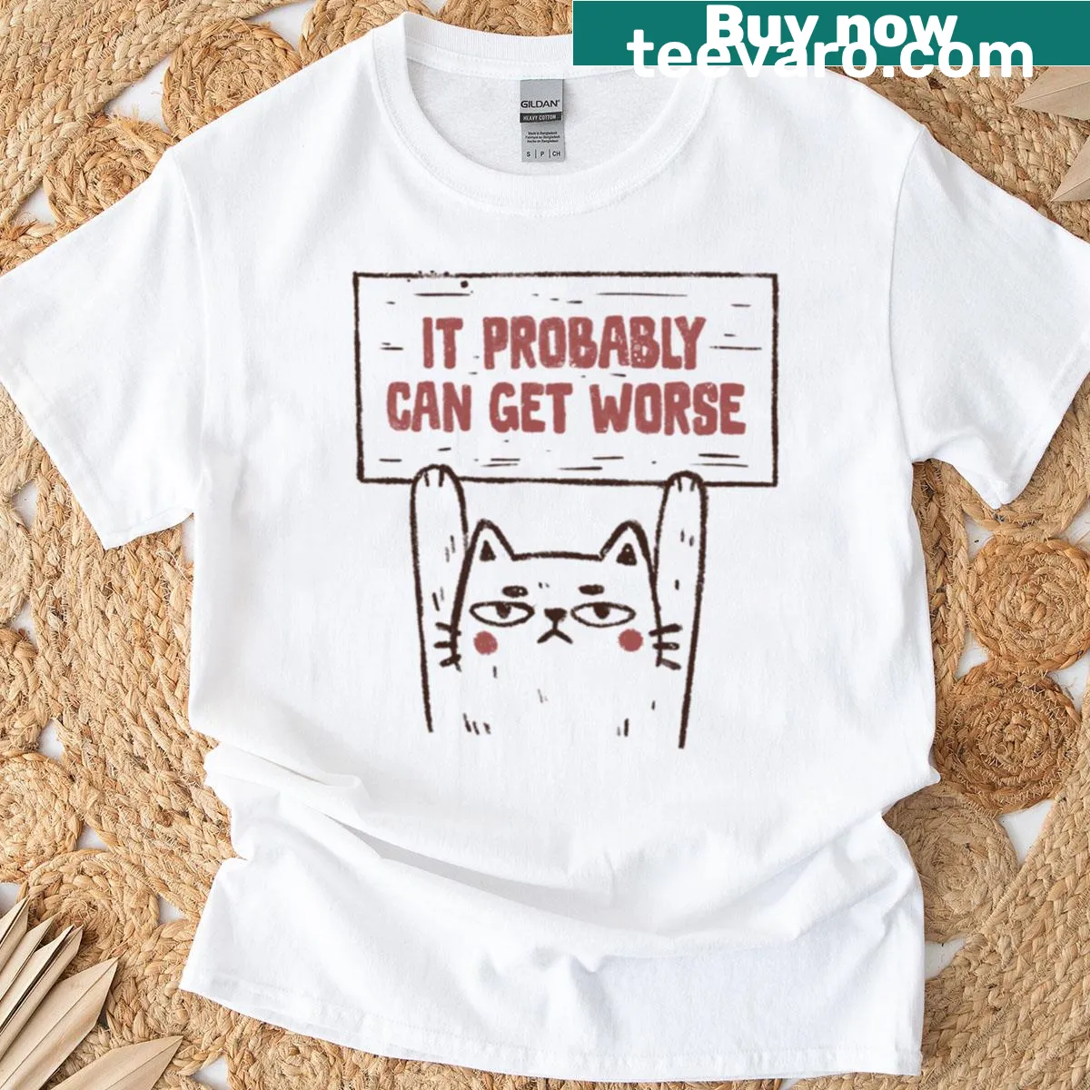 Ironic cat graphic with the phrase 'It Probably Can Get Worse' on a T-shirt — on a men's t-shirt