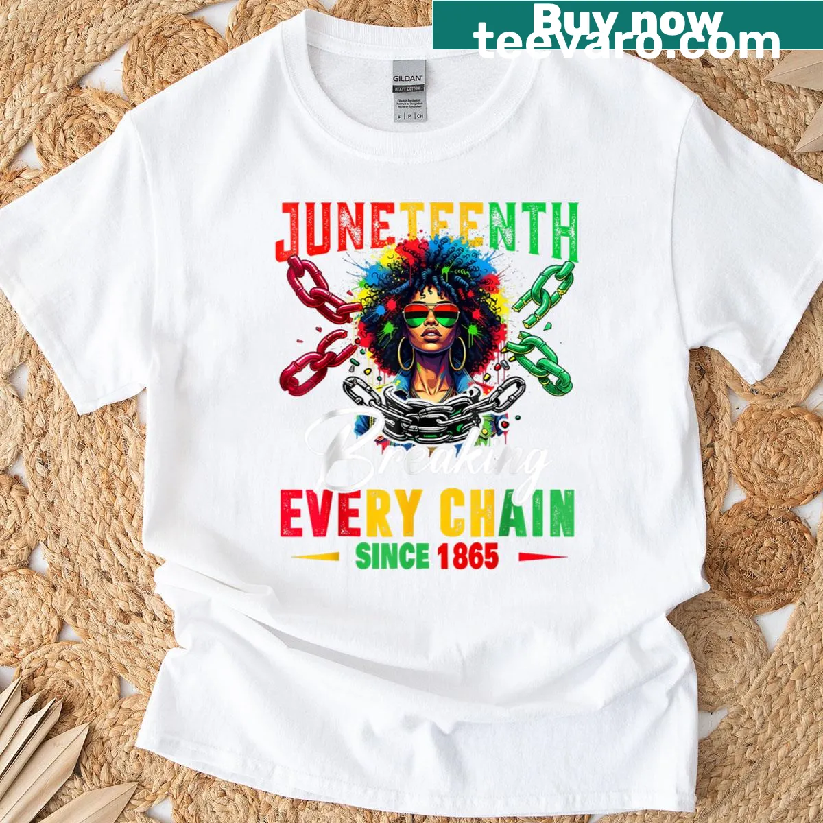 Empowering Juneteenth t-shirt with breaking chains design — on a men's t-shirt