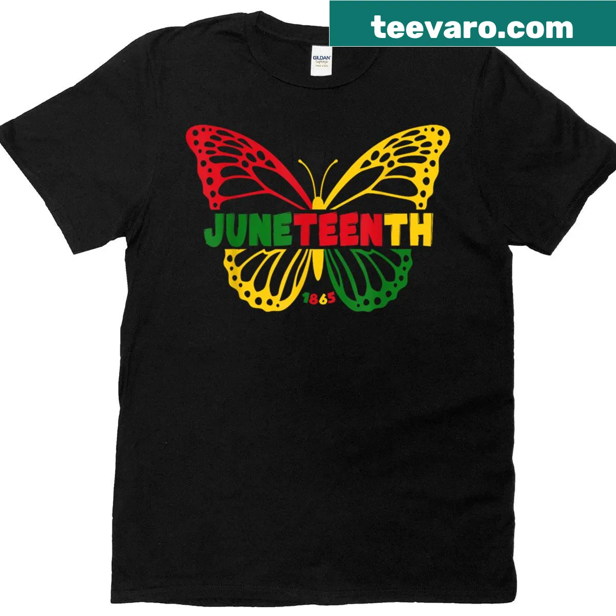 Illustrated Juneteenth t-shirt featuring a butterfly with an afro design — on a men's t-shirt