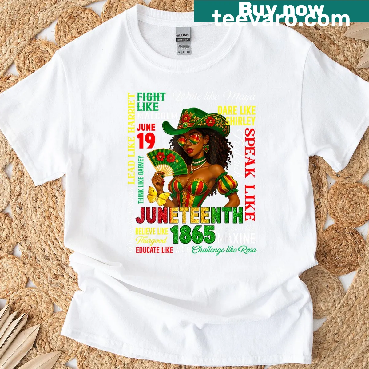 Juneteenth T-shirt with typography celebrating leaders in Black history. — on a men's t-shirt