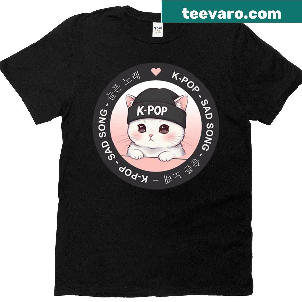 K-pop T-shirt with a cat logo and musical elements — on a men's t-shirt
